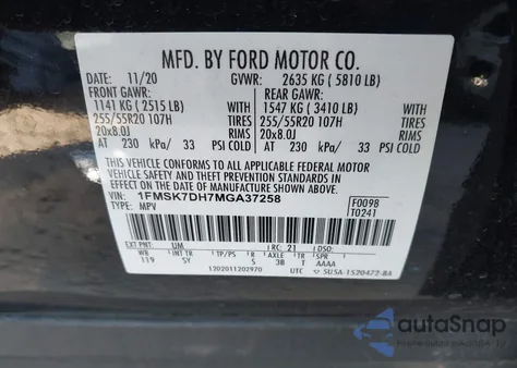 2021 Ford Explorer Xlt z USA, uszkodzony, nr VIN 1FMSK7DH7MGA37258